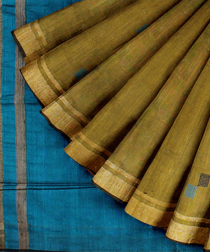 Olive green cyan blue raw silk handwoven bhagalpur saree