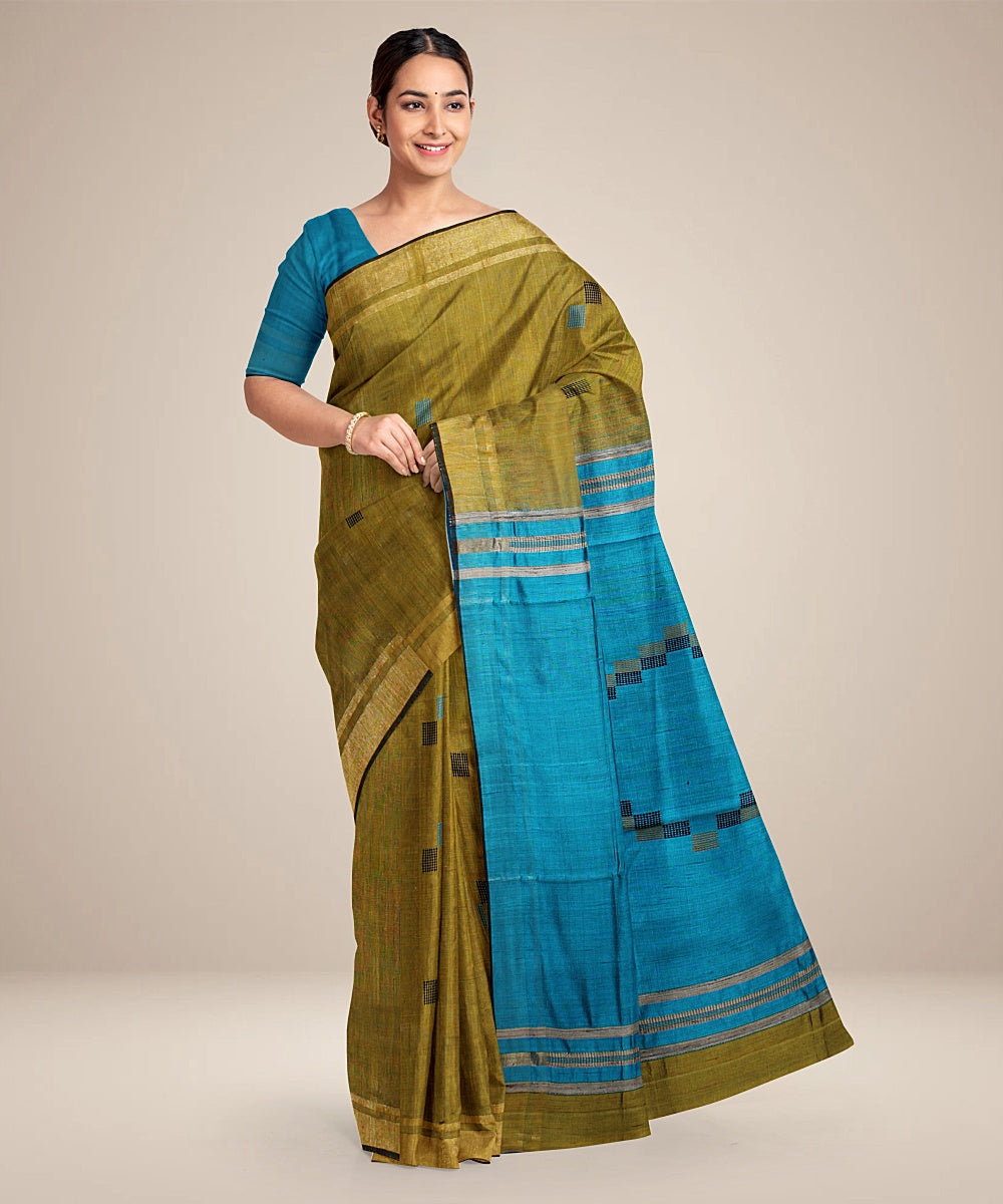 Olive green cyan blue raw silk handwoven bhagalpur saree