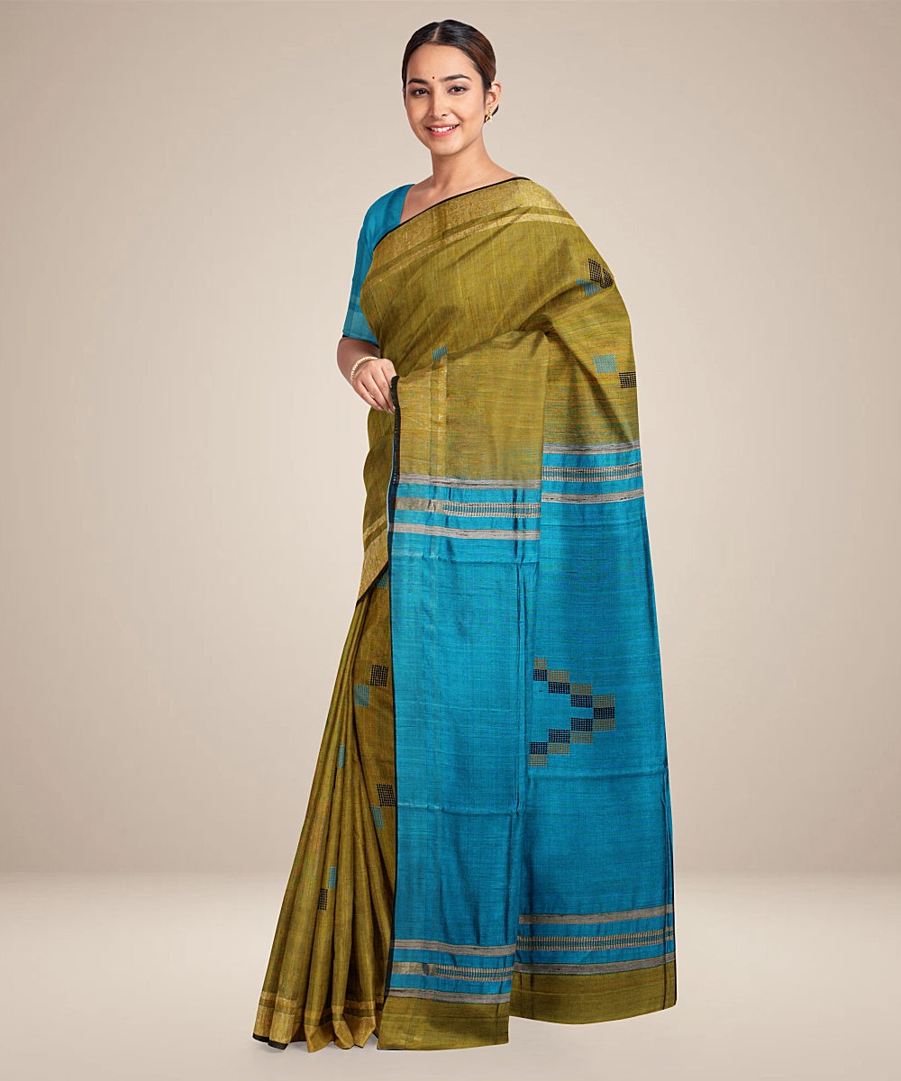 Olive green cyan blue raw silk handwoven bhagalpur saree