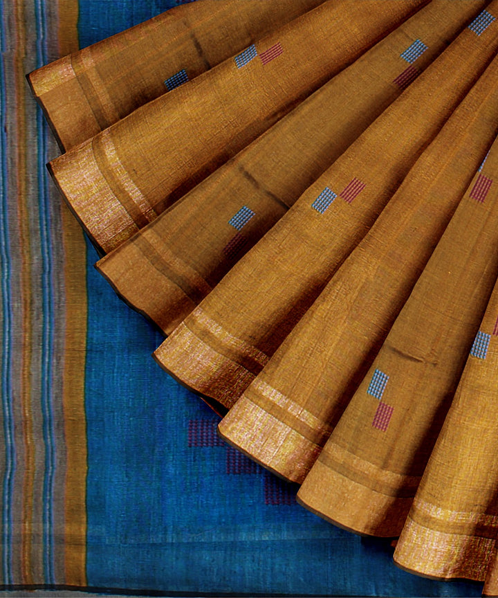 Mustard sky blue handwoven raw silk bhagalpur saree