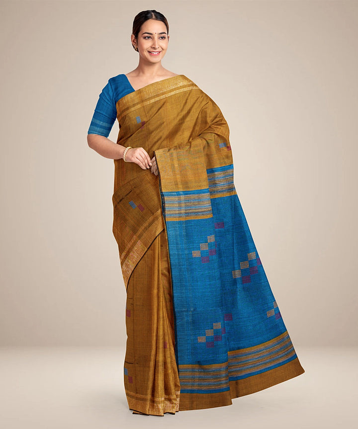 Mustard sky blue handwoven raw silk bhagalpur saree