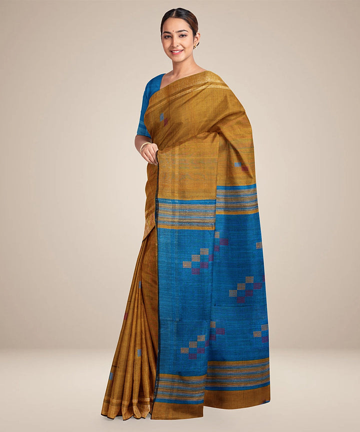 Mustard sky blue handwoven raw silk bhagalpur saree