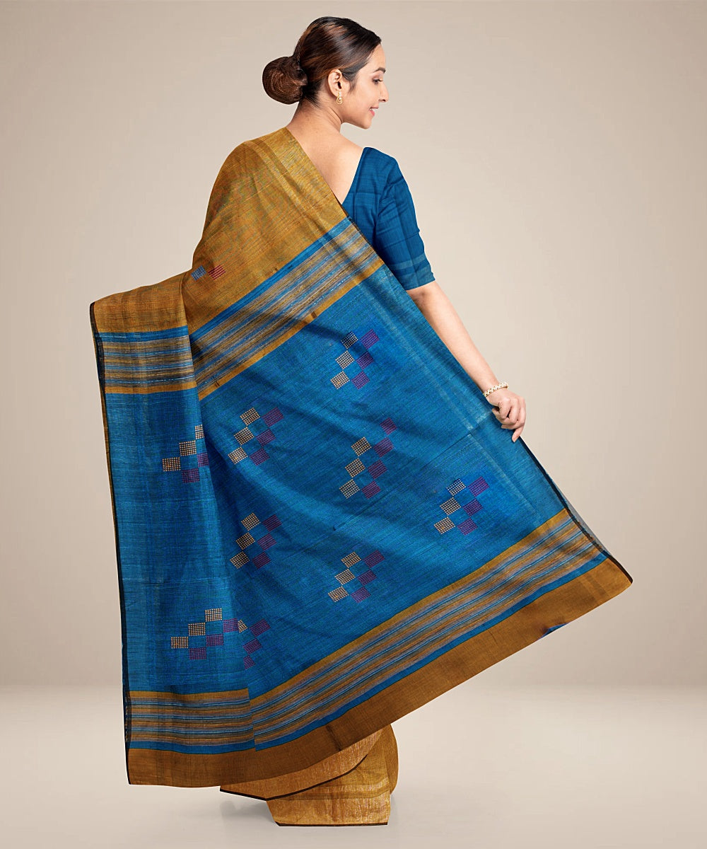 Mustard sky blue handwoven raw silk bhagalpur saree