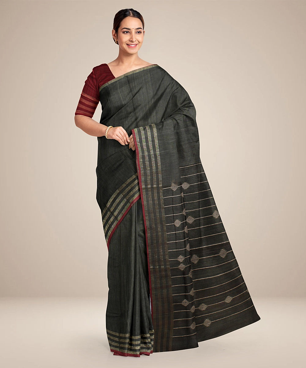 Black handwoven raw silk bhagalpur saree