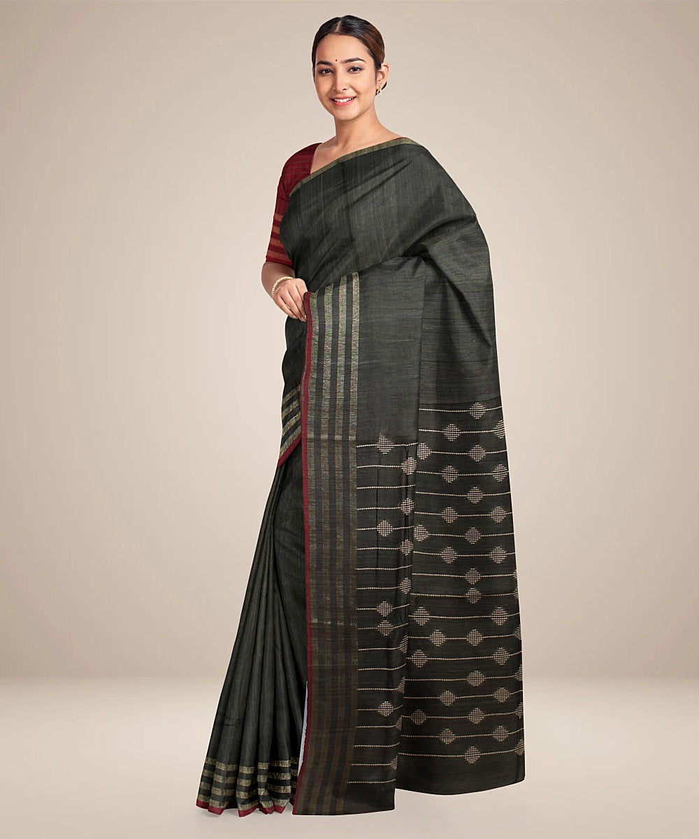 Black handwoven raw silk bhagalpur saree