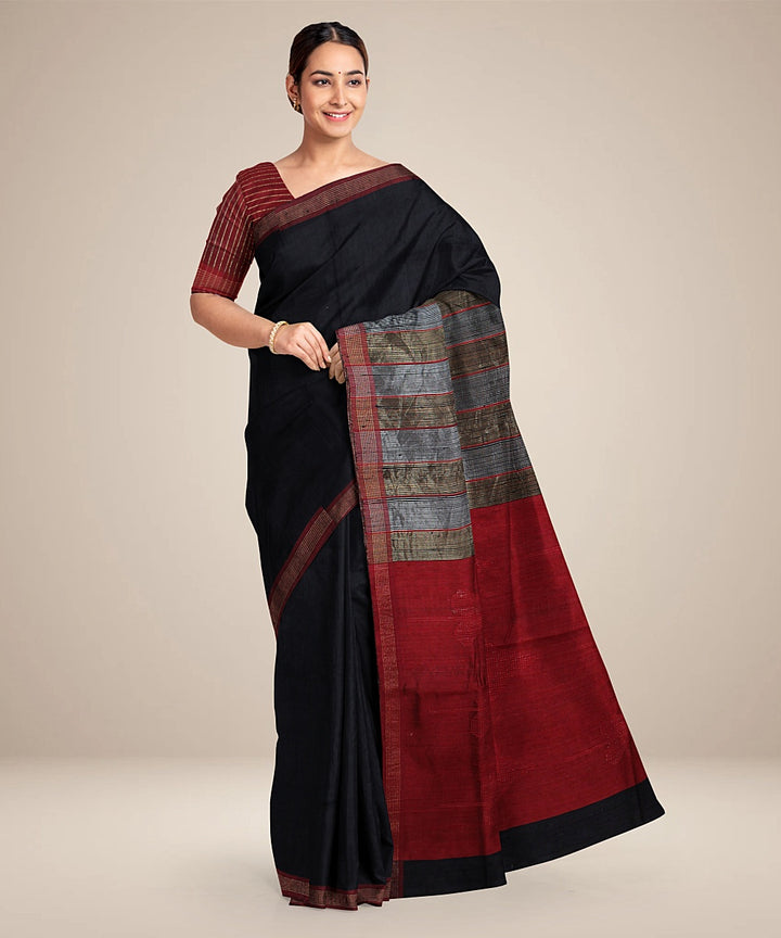 Black grey handwoven raw silk bhagalpur saree