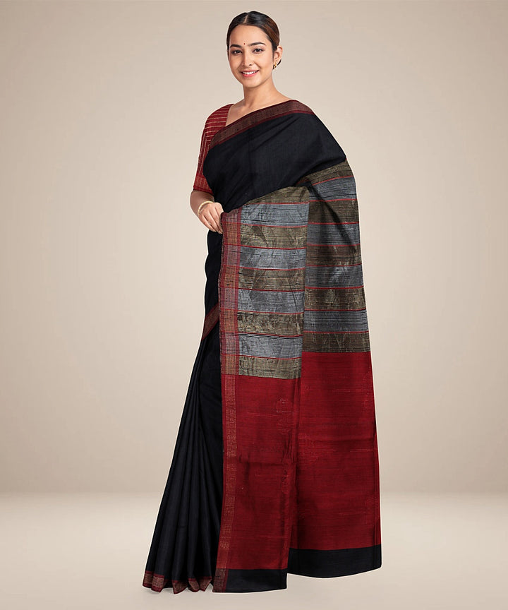 Black grey handwoven raw silk bhagalpur saree