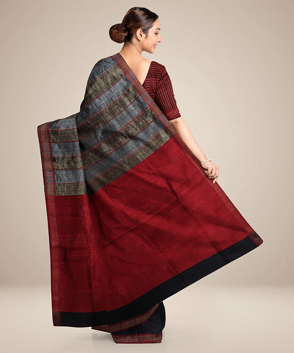 Black grey handwoven raw silk bhagalpur saree