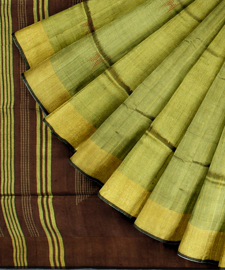 Light green brown handwoven raw silk bhagalpur saree