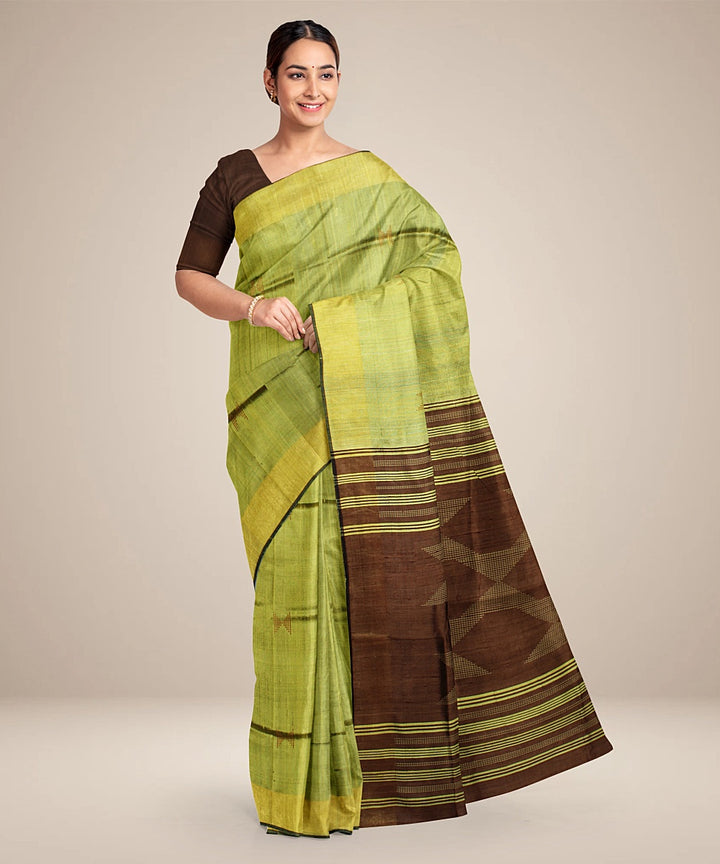 Light green brown handwoven raw silk bhagalpur saree