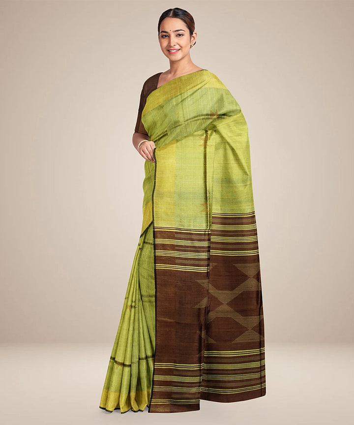 Light green brown handwoven raw silk bhagalpur saree