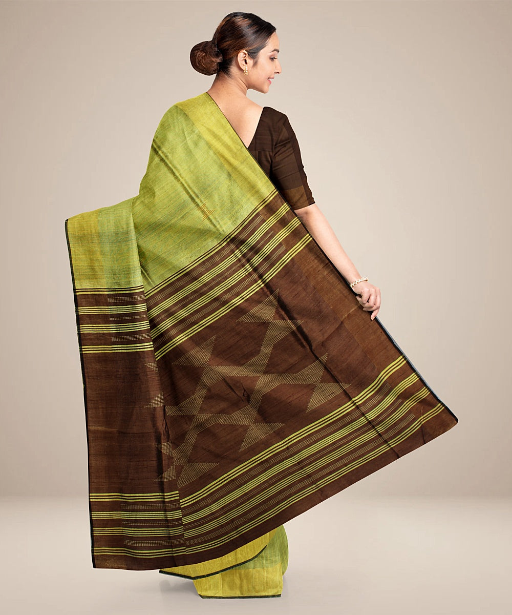 Light green brown handwoven raw silk bhagalpur saree