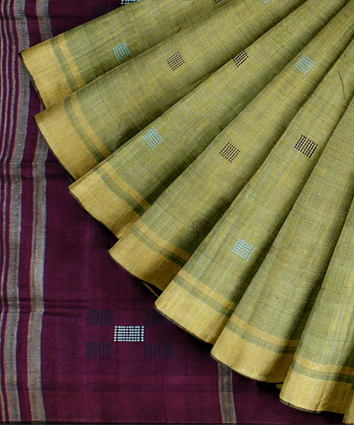 Light green purple handwoven raw silk bhagalpur saree