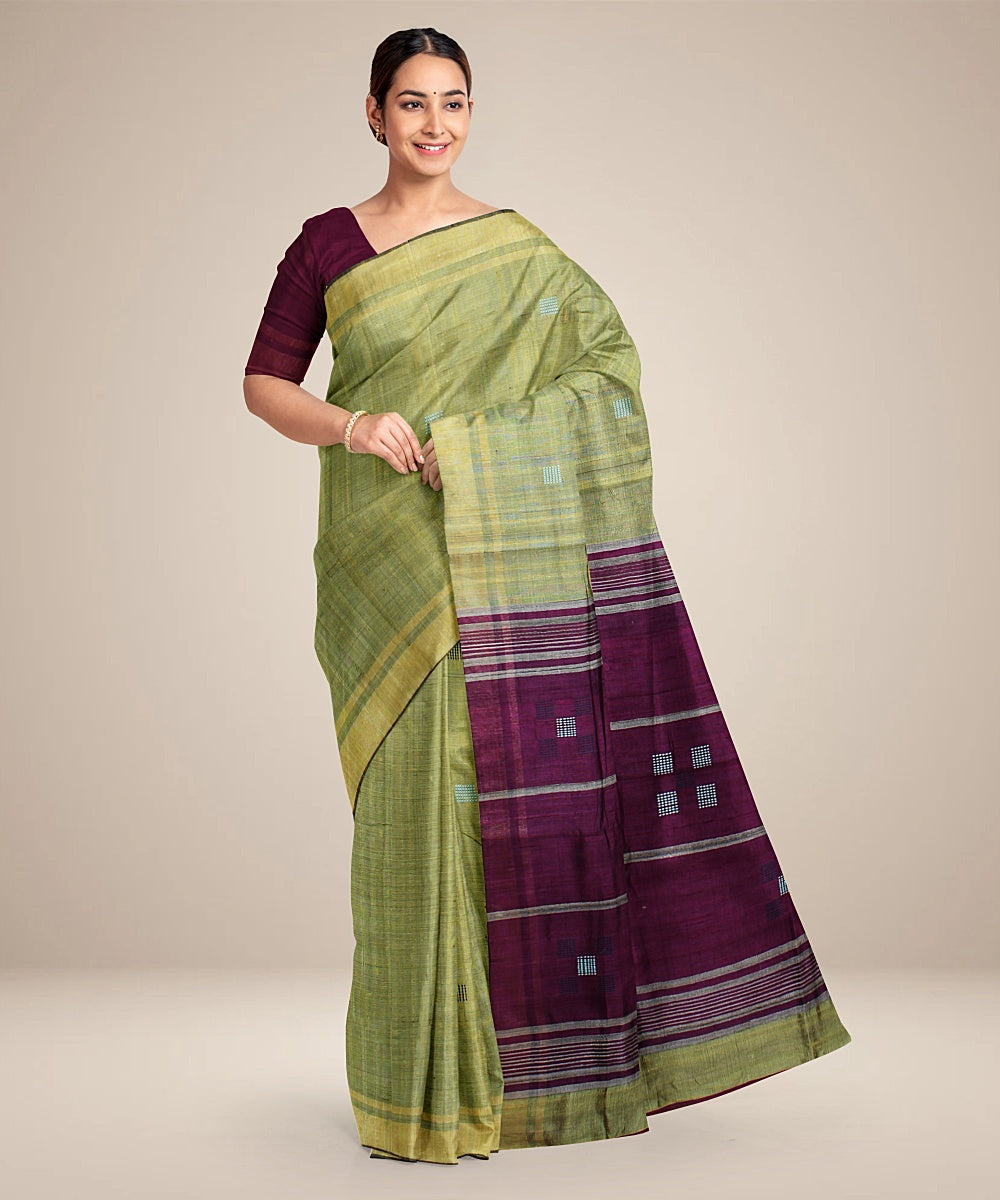 Light green purple handwoven raw silk bhagalpur saree