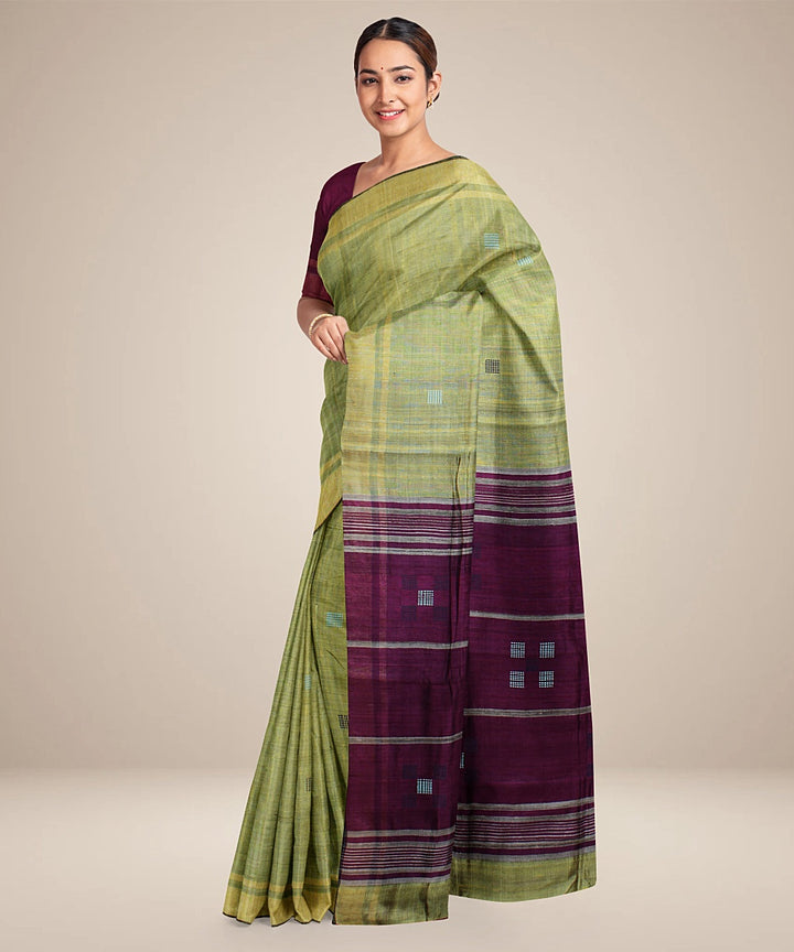 Light green purple handwoven raw silk bhagalpur saree