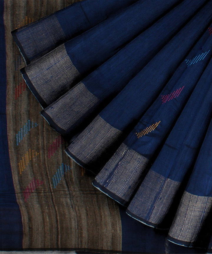 Navy blue grey handwoven raw silk bhagalpur saree