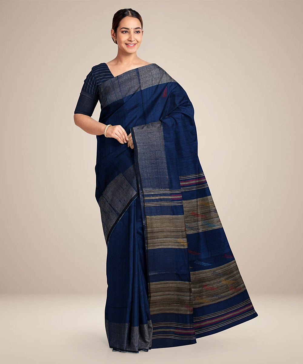 Navy blue grey handwoven raw silk bhagalpur saree