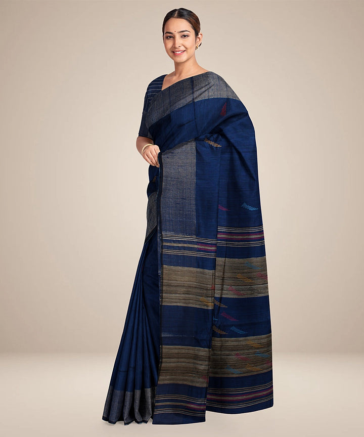 Navy blue grey handwoven raw silk bhagalpur saree