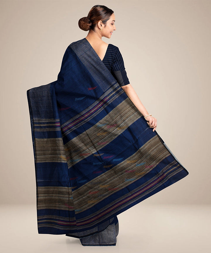 Navy blue grey handwoven raw silk bhagalpur saree