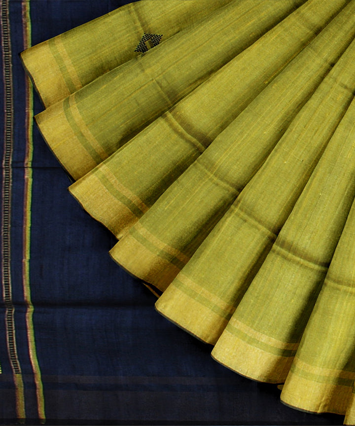 Light green navy blue handwoven raw silk bhagalpur saree