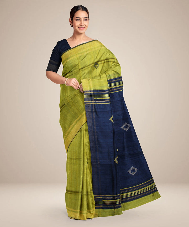 Light green navy blue handwoven raw silk bhagalpur saree