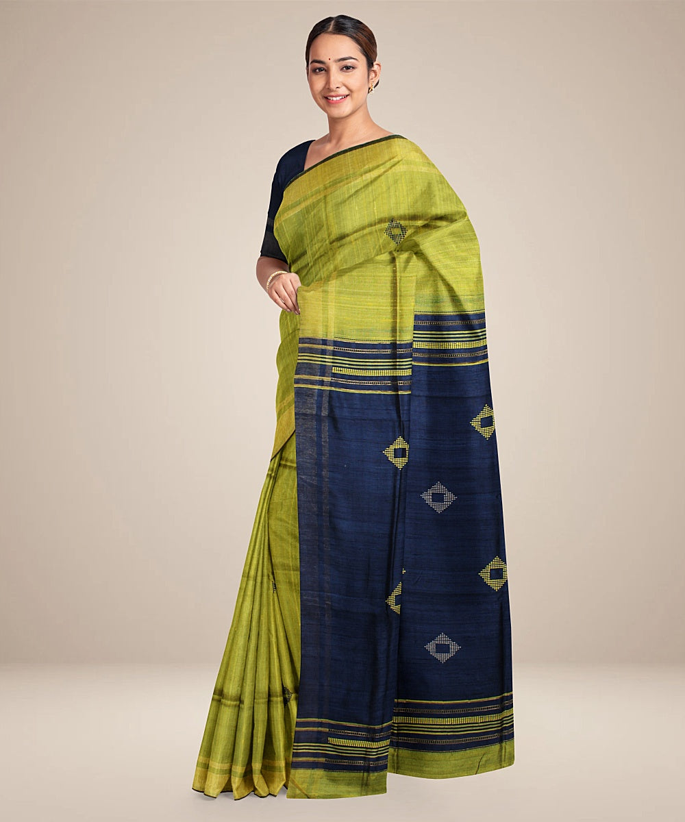 Light green navy blue handwoven raw silk bhagalpur saree