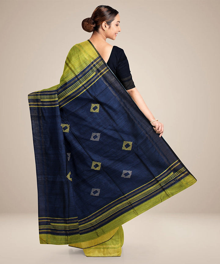 Light green navy blue handwoven raw silk bhagalpur saree