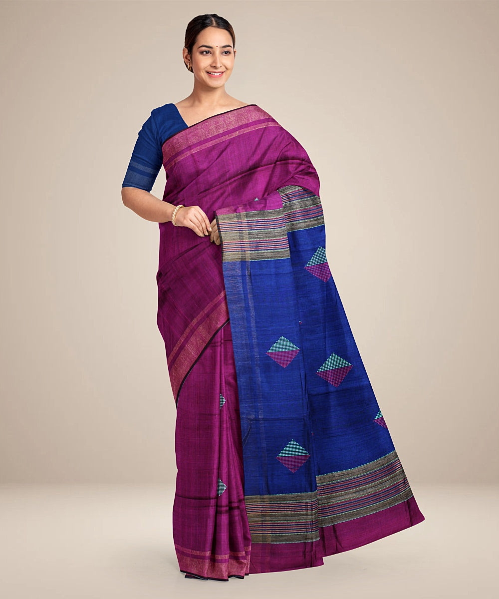 Purple navy blue handwoven raw silk bhagalpur saree