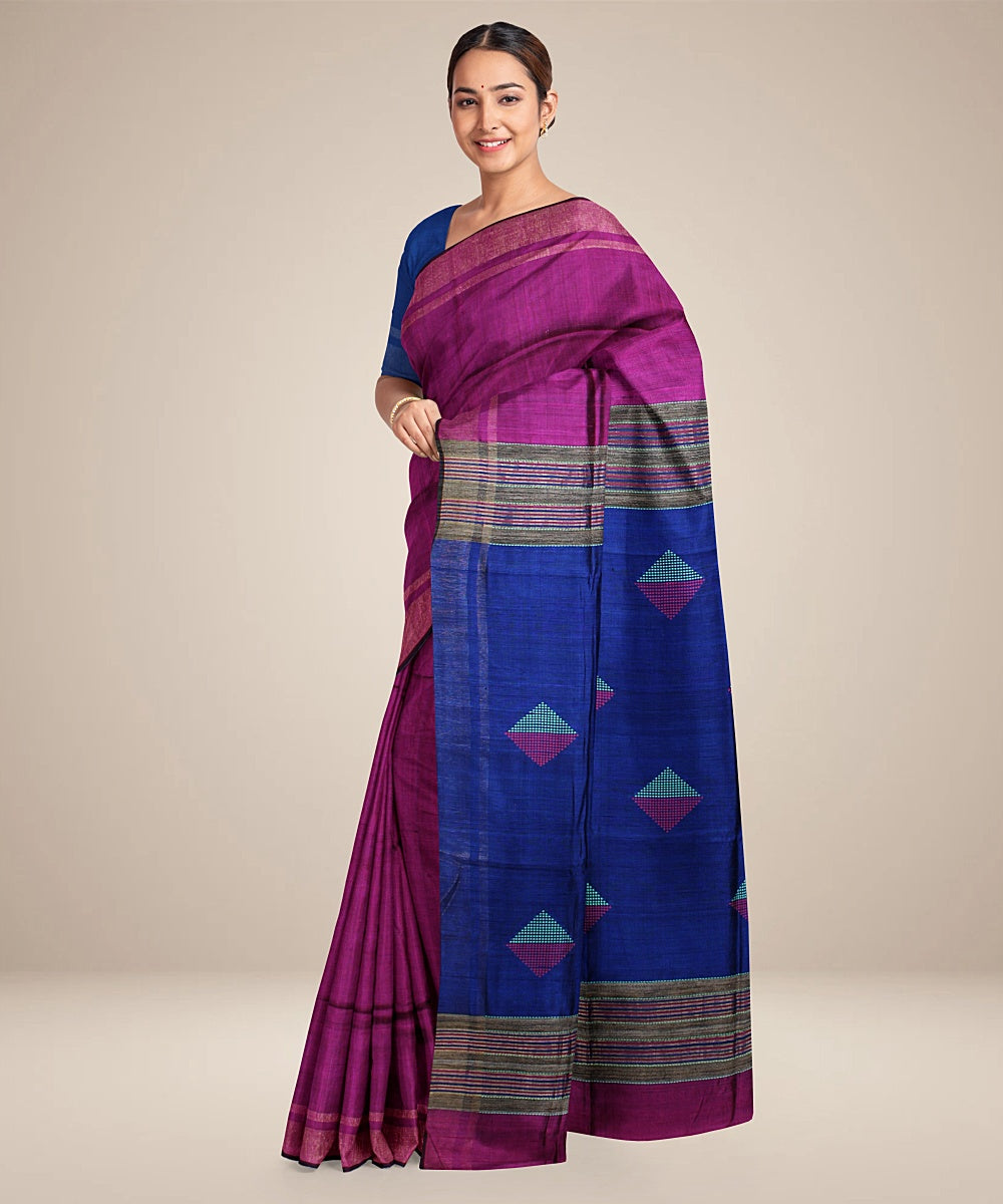 Purple navy blue handwoven raw silk bhagalpur saree