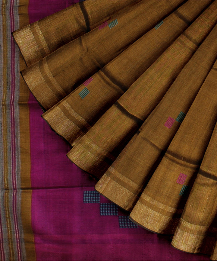 Brown purple handwoven raw silk bhagalpur saree