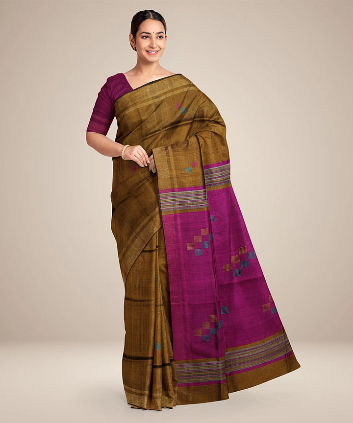 Brown purple handwoven raw silk bhagalpur saree