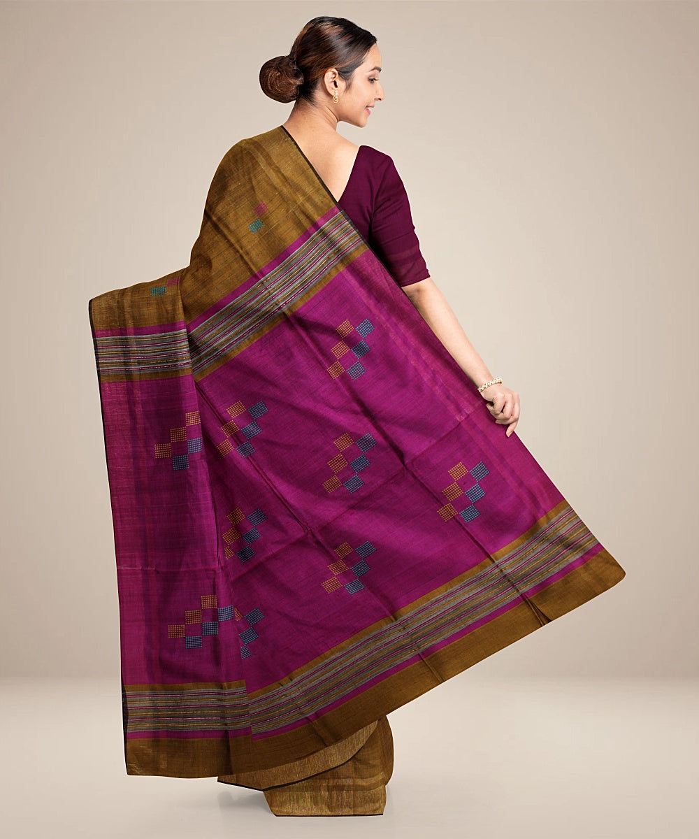 Brown purple handwoven raw silk bhagalpur saree