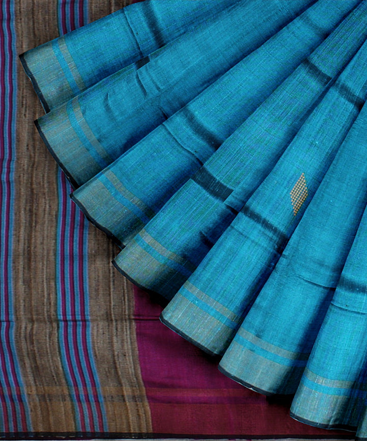 Cyan blue purple handwoven raw silk bhagalpur saree