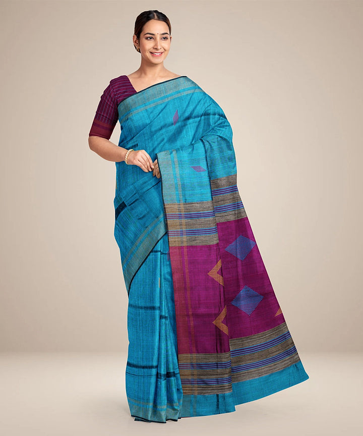 Cyan blue purple handwoven raw silk bhagalpur saree