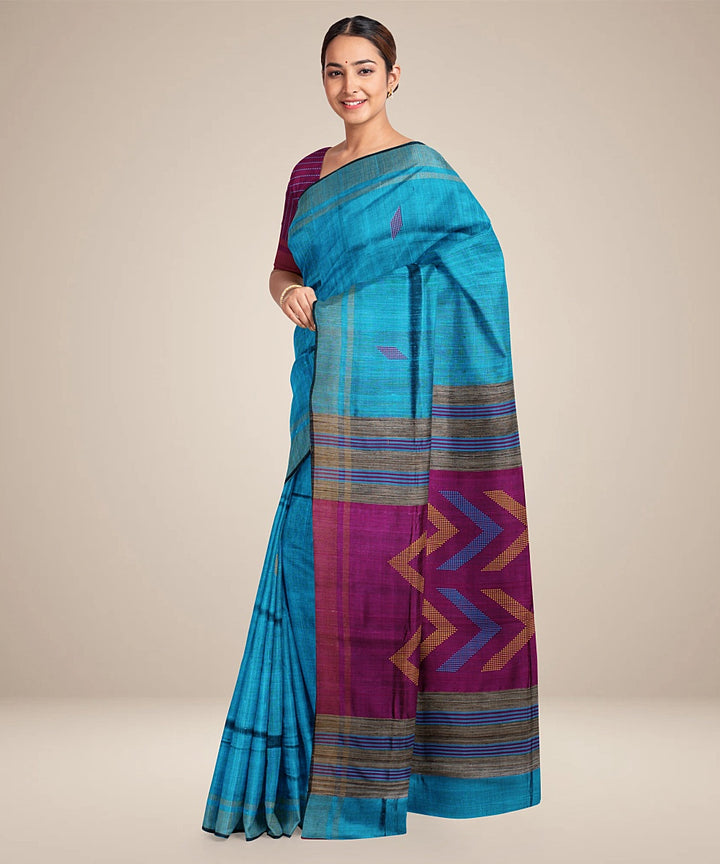 Cyan blue purple handwoven raw silk bhagalpur saree