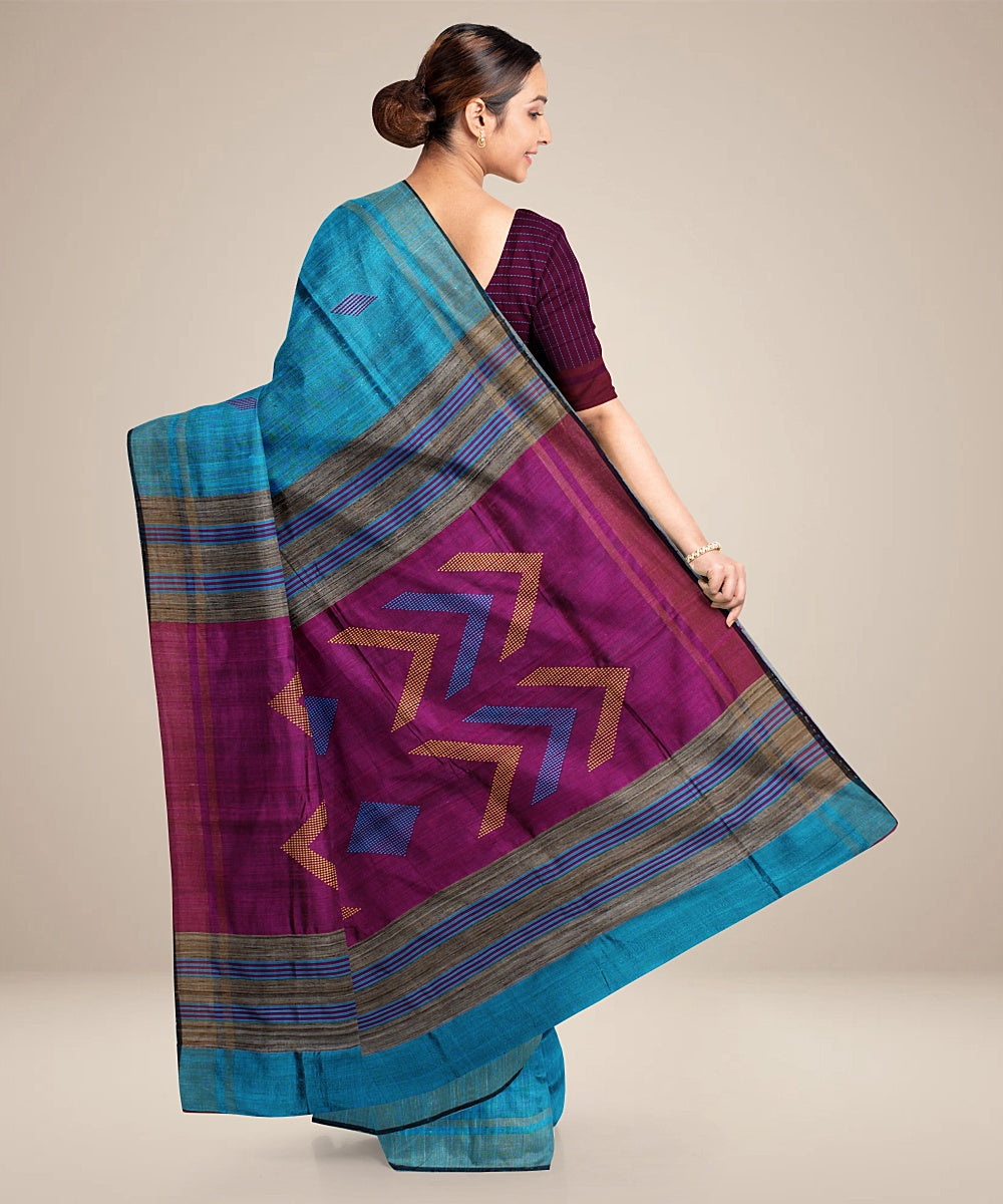 Cyan blue purple handwoven raw silk bhagalpur saree