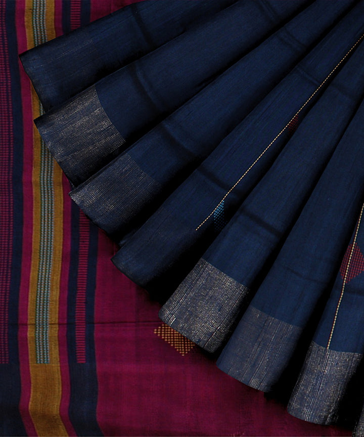 Navy blue purple handwoven raw silk bhagalpur saree