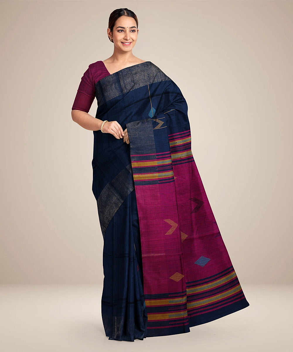 Navy blue purple handwoven raw silk bhagalpur saree