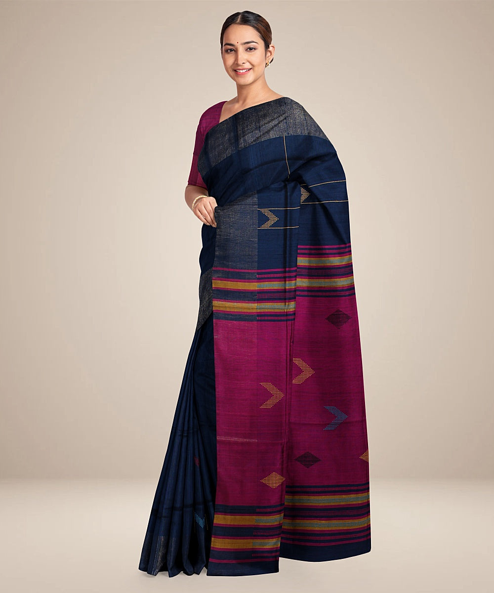 Navy blue purple handwoven raw silk bhagalpur saree