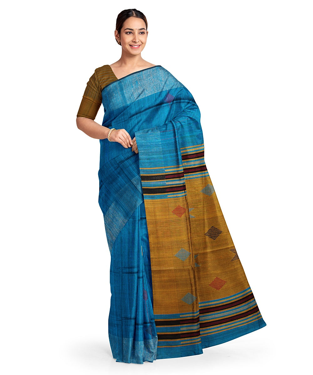 Cyan blue mustard handwoven raw silk bhagalpur saree