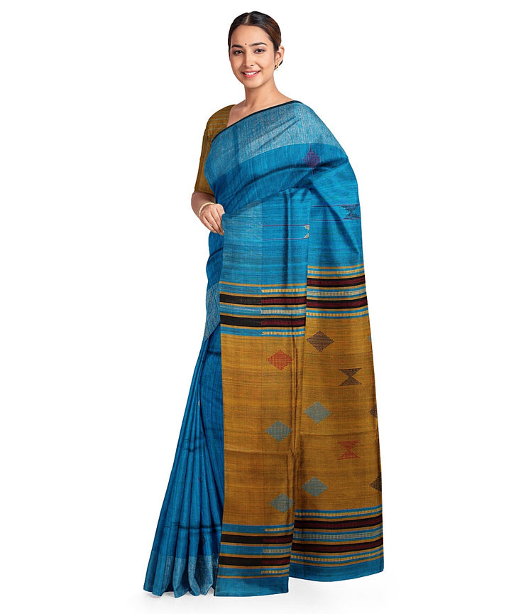 Cyan blue mustard handwoven raw silk bhagalpur saree