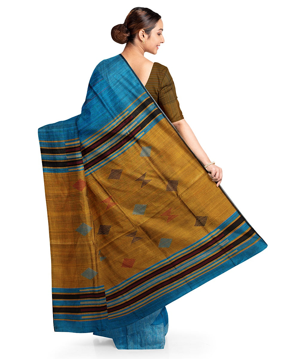 Cyan blue mustard handwoven raw silk bhagalpur saree