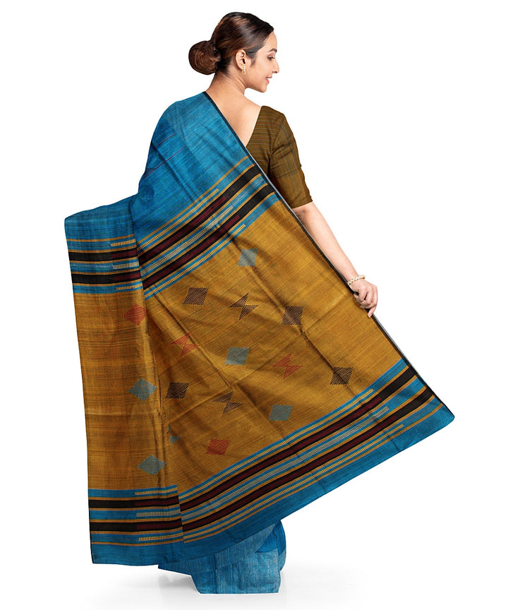 Cyan blue mustard handwoven raw silk bhagalpur saree