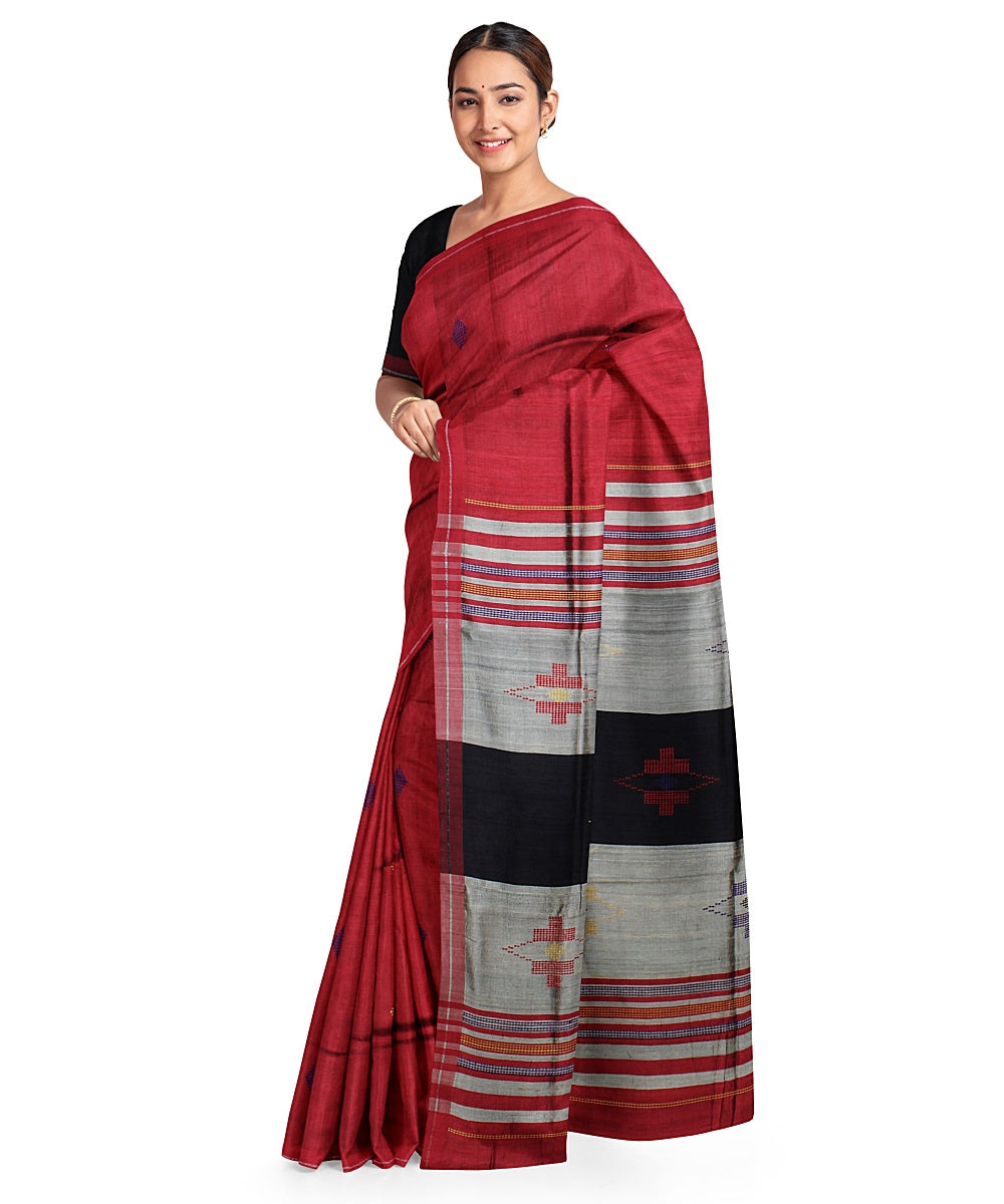 Maroon black handwoven bhagalpur raw silk saree