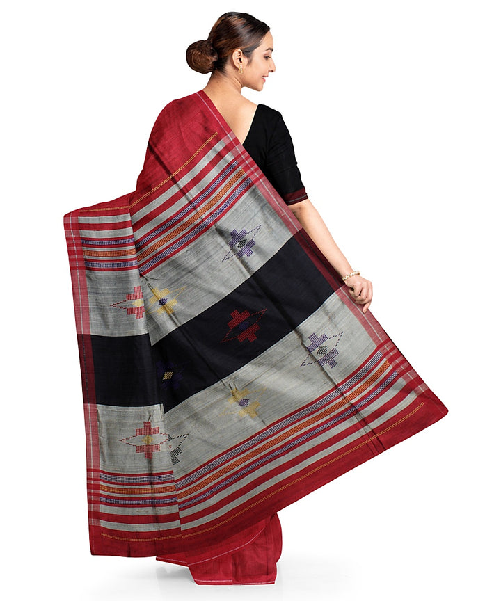 Maroon black handwoven bhagalpur raw silk saree