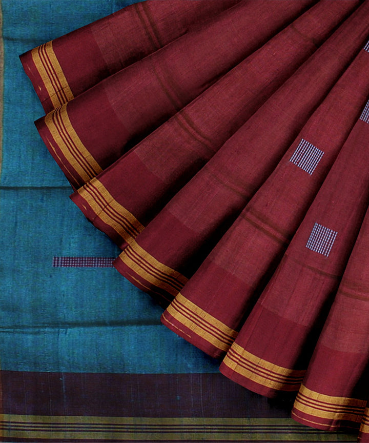 Maroon cyan blue handwoven raw silk bhagalpur saree