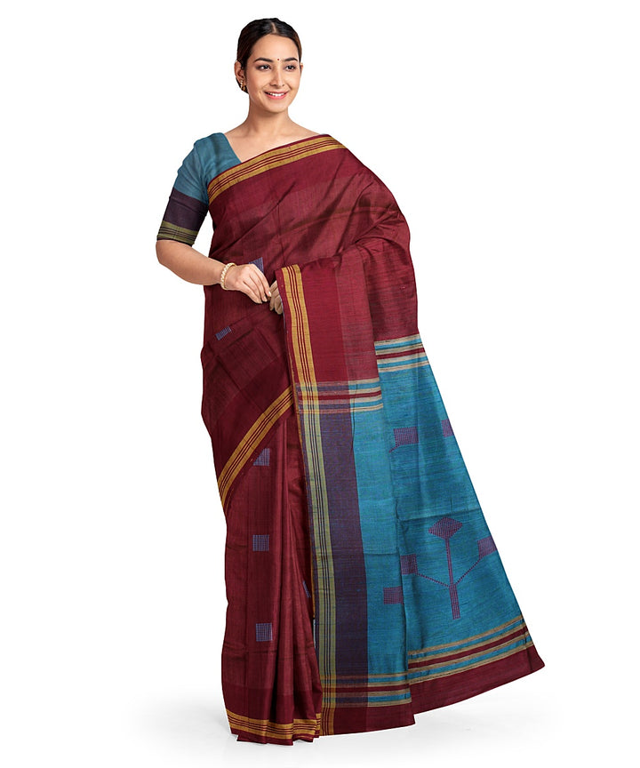 Maroon cyan blue handwoven raw silk bhagalpur saree