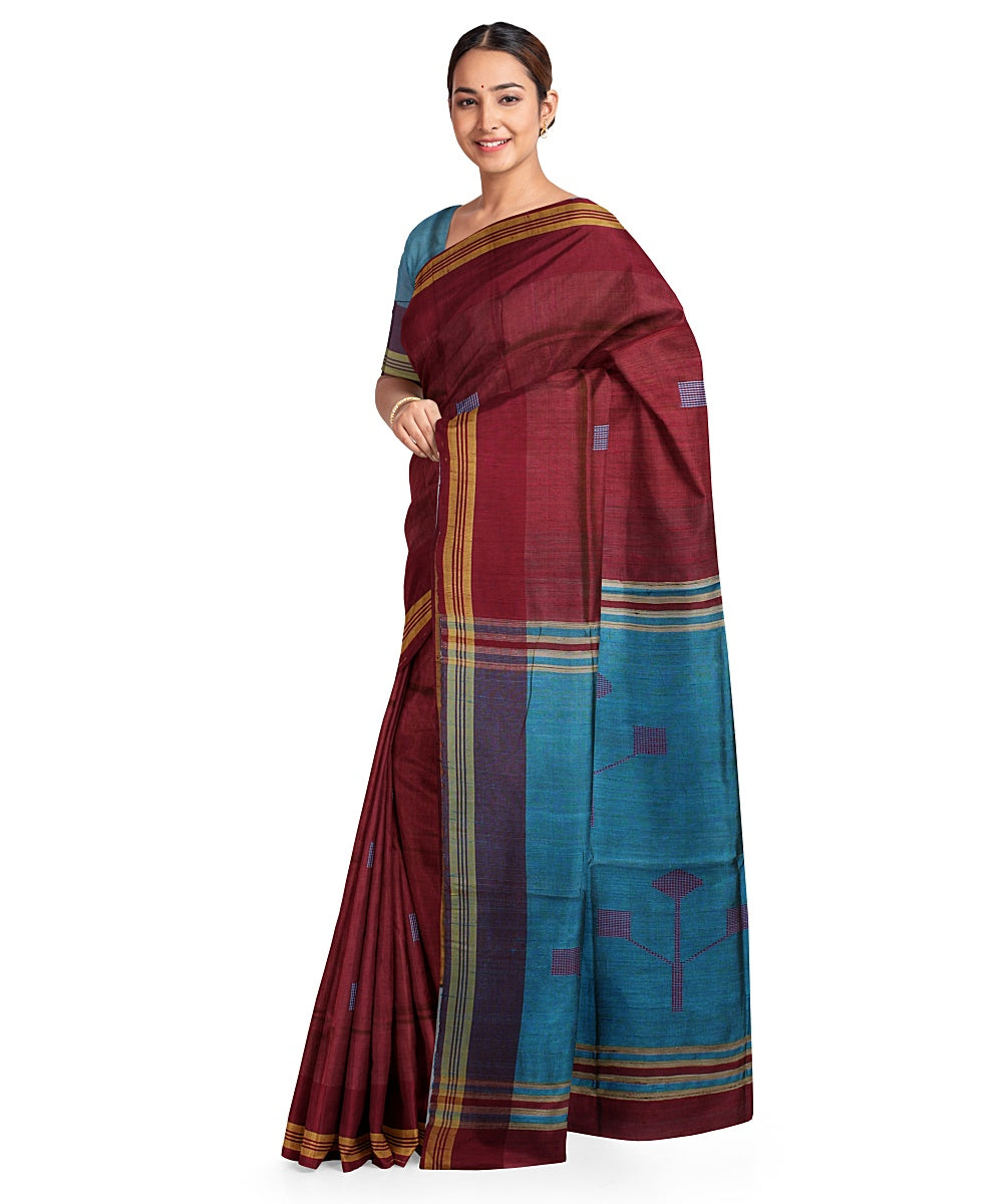 Maroon cyan blue handwoven raw silk bhagalpur saree