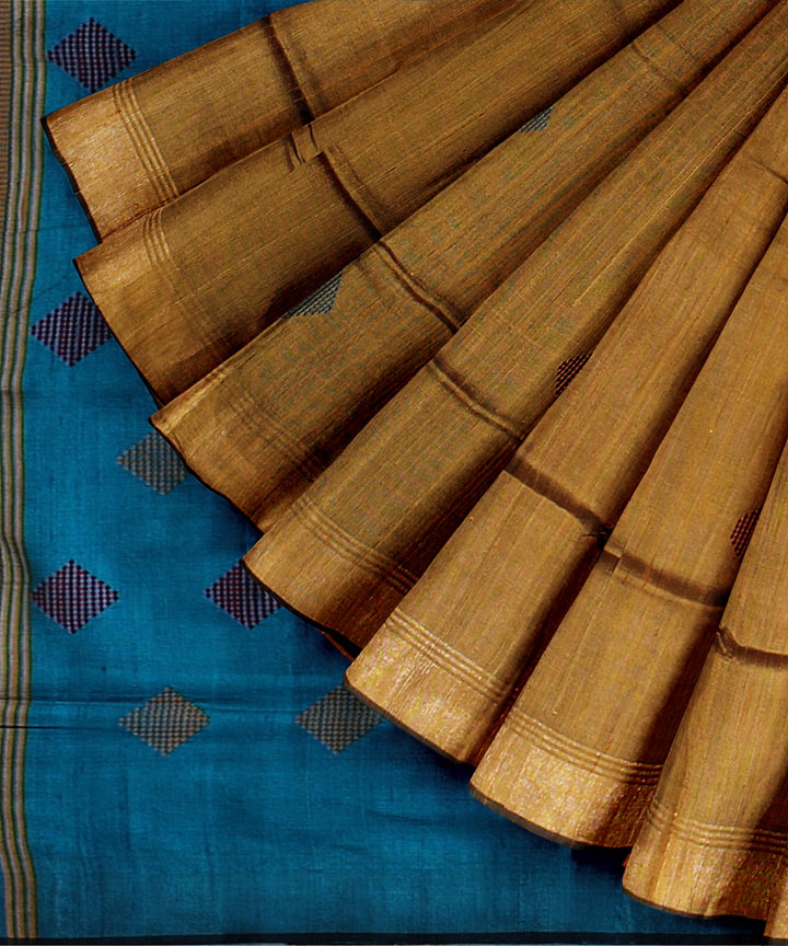 Olive green cyan blue handwoven raw silk bhagalpur saree