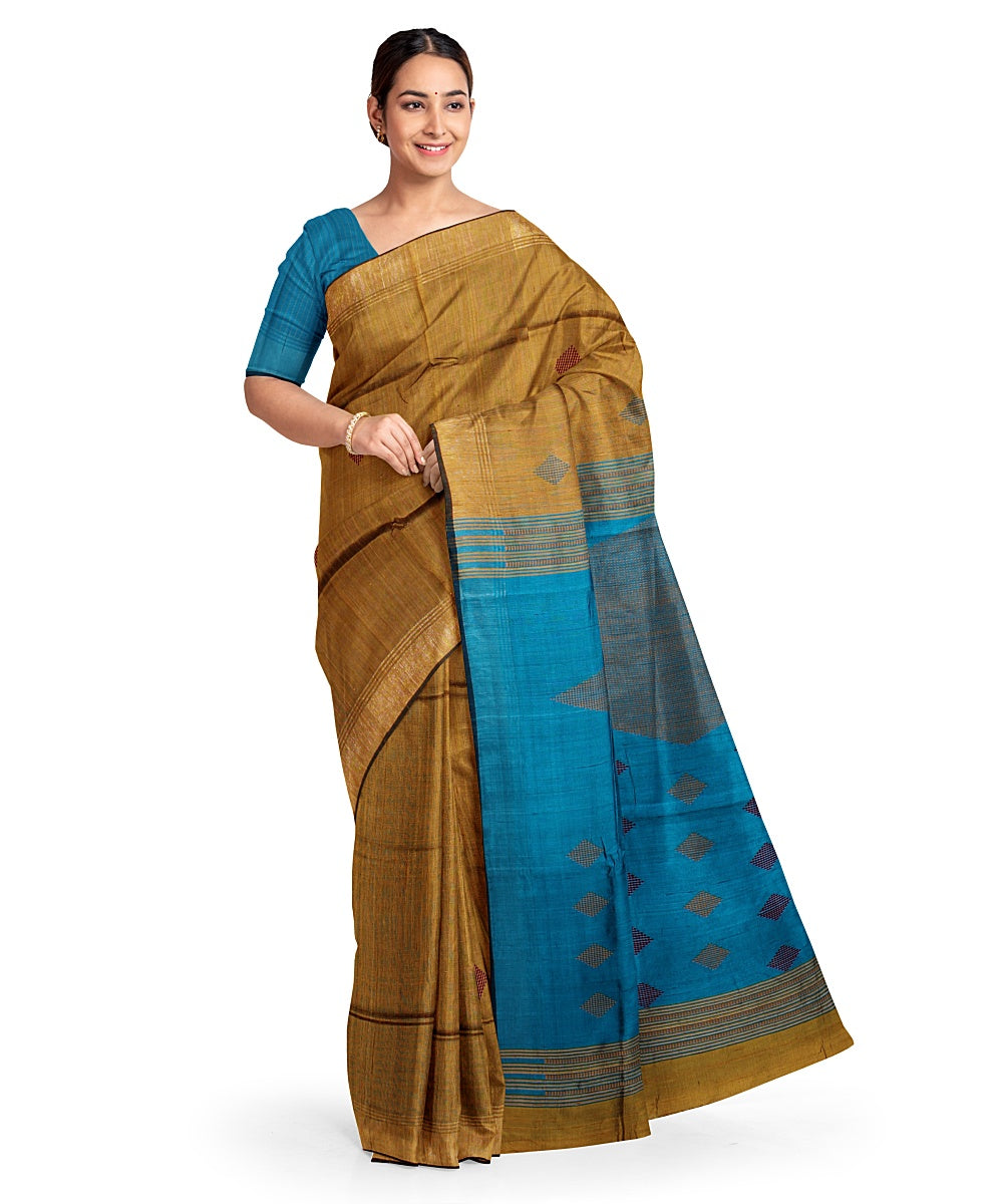 Olive green cyan blue handwoven raw silk bhagalpur saree